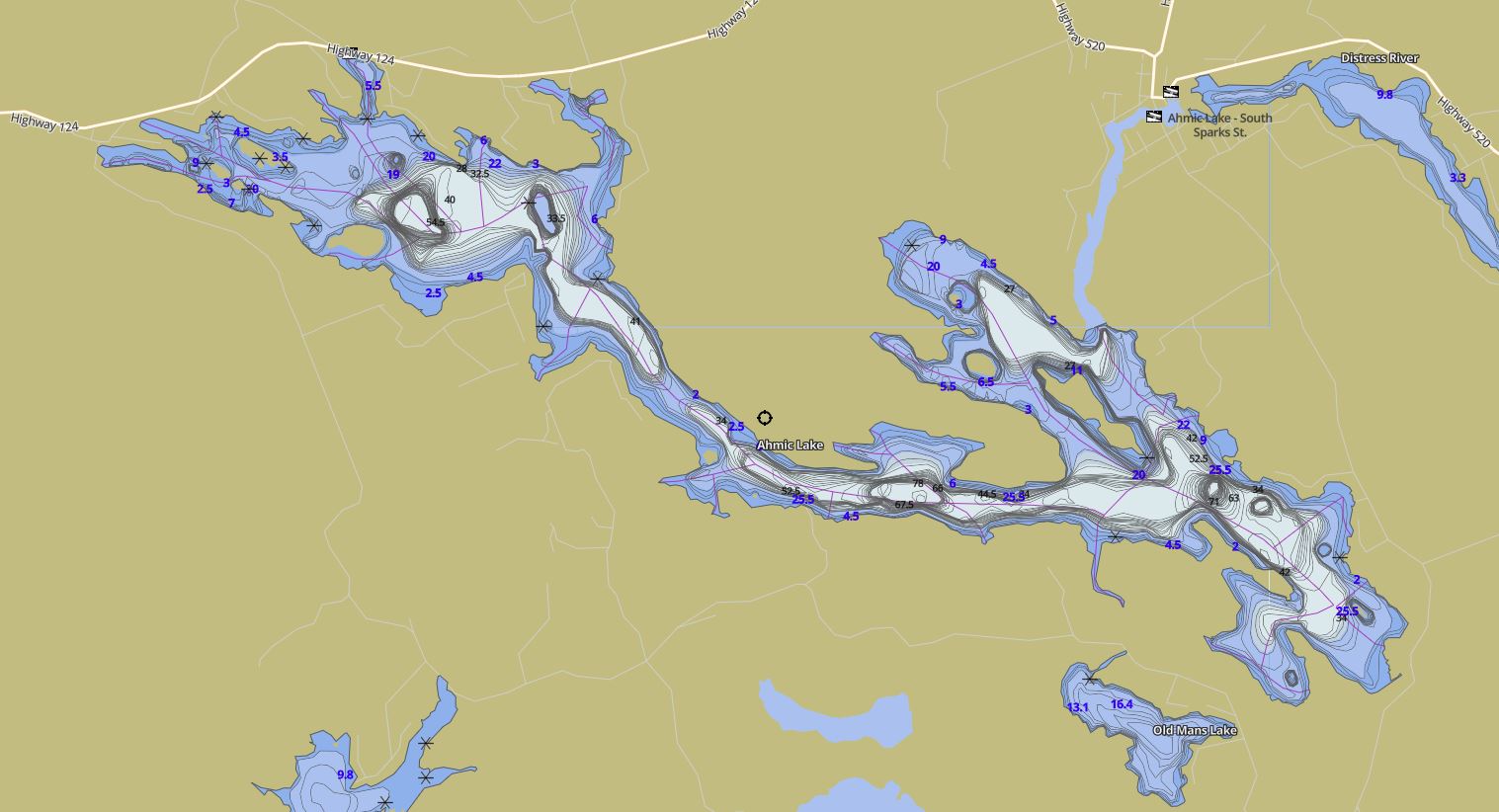 Contour Map of Ahmic Lake in Municipality of Ryerson and the District of Parry Sound